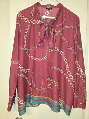 Ann Taylor Rose Pink Chain-Print Tie-Neck Blouse